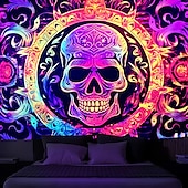 cheap Halloween Wall Tapestries-Halloween Blacklight Tapestry UV Reactive Glow in the Dark Glow Party Neon Skulls Totem Psychedelic Trippy Misty Hanging Tapestry Wall Art Mural for Living Room Bedroom