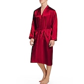 cheap Men&#039;s Robes-Men&#039;s Robe Bathrobe Silk Robe Silk Kimono 1 pcs Plain Stylish Casual Comfort Home Daily Bed Faux Silk Comfort Warm V Neck Long Sleeve Belt Included Fall Winter Black Wine