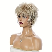 tanie Peruki najwyższej jakości-Peruki syntetyczne Prosta Fryzura Pixie Peruka Krótkie Blond Włosie synetyczne Damskie Modny design Miękka Natutalne Złoty