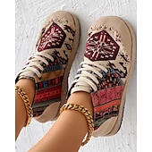 baratos Botas de tornozelo-tênis feminino boêmio com cadarço – calçados casuais de lona com estampa étnica e sola trançada, calçados leves e confortáveis para caminhada, uso diário e viagens