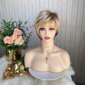 cheap Older Wigs-Curly Ombre Blonde Pixie Cut Wigs for White Women,Layered Wig Brown to Blonde Gradient Short Pixie Bob Cut Wig with Bangs Short Cute Wig for Women Highlight Wig(Ombre Brown to Blonde)