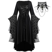 abordables Conjuntos-Conjuntos con vestido medieval con mangas acampanadas de encaje tatuaje gargantilla collar 2 piezas retro vintage punk estilo gótico brujas trajes mujer cosplay disfraz carnaval fiesta casual diario