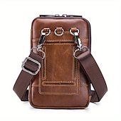 cheap Men&#039;s Bags-Sleek Brown Leather Vertical Sling Bag - Compact Men&#039;s Crossbody Bag with Multiple Zippered Pockets, Ideal for Daily Use and Travel