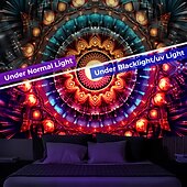 abordables Tapices de luz negra-Tapiz de meditación bohemia con luz negra, reactivo a los rayos UV, que brilla en la oscuridad, tapiz colgante psicodélico, arte mural para pared para sala de estar y dormitorio