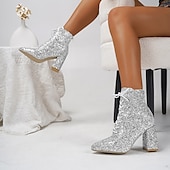 abordables Fiesta Nocturna-Mujer Botas Zapatos brillantes y brillantes Botas Metálicas Tallas Grandes Fiesta Exterior Trabajo Botines Botines Invierno Pedrería Tacón Cuadrado Dedo redondo Moda Sensual Cuero Sintético Cordones