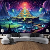 preiswerte Blacklight -Wandteppiche-Schwarzlicht-Wandteppich, UV-reaktiv, leuchtet im Dunkeln, Glow Party, Neon, trippige, neblige Pyramide, Ägypten, Wandteppich, Wandbild für Wohnzimmer, Schlafzimmer