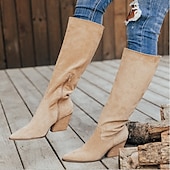 cheap Slouch Boots-Women&#039;s Taupe Suede Knee-High Western Boots with Block Heel, Stylish Pointed Toe Boots for Casual and Outdoor Wear