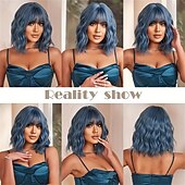 economico Parrucche trendy sintetiche-parrucche di capelli ricci ondulati corti blu con frangia parrucche di capelli in fibra sintetica da 14 pollici per le donne parrucche di capelli eleganti per la festa quotidiana cosplay uso di