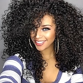 cheap Black &amp; African Wigs-Black 14 Inch Afro Curly Kinky Hair Wigs With Side Bangs For Women Synthetic Fiber Kinky Curly Wigs Natural Looking Hair Wigs