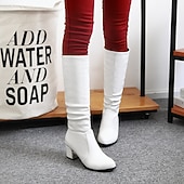 preiswerte Modische Stiefel-weiße Damenstiefel mit Blockabsatz und halbhohem Schaft im Retro-Stil und gerüschtem Design – perfekt als Wintermode und für den Alltag