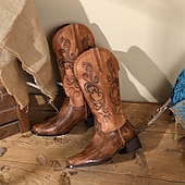 levne Cowboy &amp; Western Boots-pánské westernové kovbojské boty – hnědá umělá kůže s vyšívanými vzory a krokodýlí texturou pro vintage styl