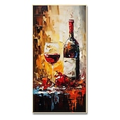 cheap Still Life Paintings-Bottle of Wine Painting Handpainted Glass of Wine Original Art Red Wine Home Room Wall Decor Kitchen Art  Modern Rolled Canvas No Frame
