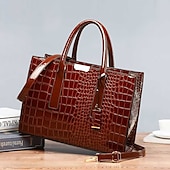 cheap Handbag &amp; Totes-Women&#039;s Black Patent Leather Crocodile Pattern Handbag with Shoulder Strap - Elegant Office Tote Bag for Formal Occasions