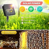 abordables Guirlandes solaires-Guirlande lumineuse de rideau solaire extérieur, 3 * 3 m-300 LED/3 * 2 m-200 LED/3 * 1 m-100 LED, 8 modes d&#039;éclairage, étanche IP65, convient pour le jardin, le porche, les fêtes de mariage dans le jardin, Noël de Thanksgiving.