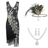baratos Conjuntos-Retro Vintage Loucos anos 20 Anos 20 Vestido melindroso Roupa Conjunto de acessórios O Grande Gatsby Convidado do casamento Paetês Franjas Lantejoula Franjas Decote V Mulheres Dia Das Bruxas Carnaval