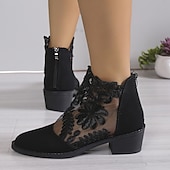 levne Kotníkové boty-dámské černé krajkové kotníkové boty s květinovým síťovaným designem a nízkým blokovým podpatkem - elegantní obuv pro běžné i společenské příležitosti
