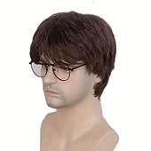 abordables Perruque homme-Perruques courtes et droites pour hommes, perruques épaisses synthétiques résistantes à la chaleur, 8inc noir brun foncé, aspect naturel pour un usage quotidien