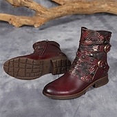 voordelige Enkel laarzen-Vintage leren enkellaarsjes met bloemenreliëf voor dames – stijlvol bordeauxrood gespbandontwerp voor casual herfst- en winterkleding