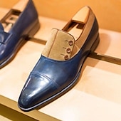 cheap Formal-Men&#039;s Blue Faux Leather Oxford Shoes with Suede Detailing – Elegant Lace-Up Dress Shoes for Formal Events and Business Occasions