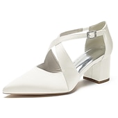 cheap Semi-Formal-Elegant Women&#039;s White Satin Pointed Toe Block Heels – Crisscross Strap Design for Weddings, Formal Parties, and Special Occasions