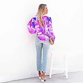 cheap Women&#039;s Graphic Tops-Women&#039;s Shirt Blouse Fashion Buttons Print Long Sleeve Regular Tops Shirt Collar Casual Blue Purple Green Gray Spring &amp;  Fall