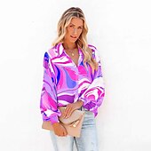 cheap Women&#039;s Graphic Tops-Women&#039;s Shirt Blouse Fashion Buttons Print Long Sleeve Regular Tops Shirt Collar Casual Blue Purple Green Gray Spring &amp;  Fall
