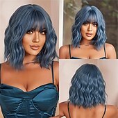 economico Parrucche trendy sintetiche-parrucche di capelli ricci ondulati corti blu con frangia parrucche di capelli in fibra sintetica da 14 pollici per le donne parrucche di capelli eleganti per la festa quotidiana cosplay uso di
