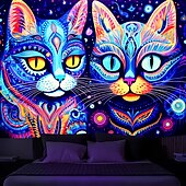 levne Tapiserie Blacklight-blacklight tapiserie UV reaktivní záře ve tmě dvě kočky mlhavá příroda krajina závěsná tapiserie nástěnná malba pro obývací pokoj ložnice