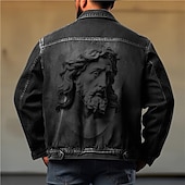 billige grafiske jakker og kåper for menn-Herre Skulptur Frakk Jean jakke Denimjakker Pustende Bekvem Fritid Sport &amp; Utendørs Ut på byen Helg Knapper Trykt mønster Høst vinter Aftæpning Langermet Svart Blå