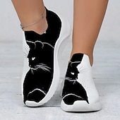 cheap Graphic Print Shoes-Women&#039;s Sneakers Slip-Ons Print Shoes Animal Print Plus Size Outdoor Daily Color Block Cat Summer Winter Flat Heel Round Toe Closed Toe Fashion Cute Casual Tissage Volant Loafer Black / White