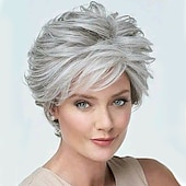 tanie starsza peruka-krótkie kręcone szare peruki pixie dla białych kobiet sliver szare warstwowe peruki syntetyczne naturalnie wyglądające pixie cut puszyste peruki z grzywką peruki świąteczne