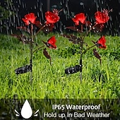 tanie Oświetlenie krajobrazowe-ogrodowe lampy solarne z różami, walentynkowe realistyczne kwiaty róży LED, dekoracje cmentarne, lampy palikowe do ogrodu, na dziedziniec, podwórko i grób, dekoracyjne, wodoodporne (czerwone, z 3 świecącymi główkami kwiatów)