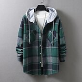 cheap Men&#039;s  Overshirts-Men&#039;s Shirt Casual Shirt Plaid Shirt Button Up Shirt Overshirt Plaid / Check Outdoor Daily Wear Yellow Blue Orange Green Long Sleeve Hooded Fall &amp; Winter Clothing Apparel Front Pocket
