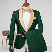 billiga Bröllopsdräkter-Herrarnas bröllopsbal kostymer svart champagne jacquard blommig skräddarsydd passform 2-delad enkelknäppt en-knapp