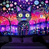 levne Tapiserie Blacklight-blacklight tapiserie UV reaktivní záře ve tmě dvě kočky mlhavá příroda krajina závěsná tapiserie nástěnná malba pro obývací pokoj ložnice