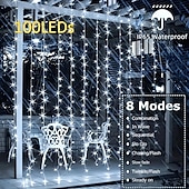 abordables Guirlandes solaires-Guirlande lumineuse de rideau solaire extérieur, 3 * 3 m-300 LED/3 * 2 m-200 LED/3 * 1 m-100 LED, 8 modes d&#039;éclairage, étanche IP65, convient pour le jardin, le porche, les fêtes de mariage dans le jardin, Noël de Thanksgiving.