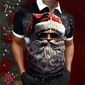 Christmas Men's Santa Claus 3D Zipper Polo Santa Claus Casual Print 3D Zip Golf Outdoor Daily Wear Streetwear Polyester Short Sleeve Turndown Zip Shirts Black Blue Autumn / Fall S M L Micro-elastic4