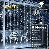 abordables Guirlandes solaires-Guirlande lumineuse de rideau solaire extérieur, 3 * 3 m-300 LED/3 * 2 m-200 LED/3 * 1 m-100 LED, 8 modes d&#039;éclairage, étanche IP65, convient pour le jardin, le porche, les fêtes de mariage dans le jardin, Noël de Thanksgiving.