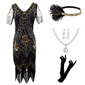cheap Outfits-Retro Vintage Roaring 20s 1920s Flapper Dress Outfits Accessories Set The Great Gatsby Wedding Guest Sequins Tassel Fringe Sequin Tassel V Neck Women&#039;s Halloween Carnival Masquerade Carnival Party