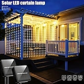 abordables Guirlandes solaires-Guirlande lumineuse de rideau solaire extérieur, 3 * 3 m-300 LED/3 * 2 m-200 LED/3 * 1 m-100 LED, 8 modes d&#039;éclairage, étanche IP65, convient pour le jardin, le porche, les fêtes de mariage dans le jardin, Noël de Thanksgiving.