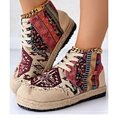 baratos Botas de tornozelo-tênis feminino boêmio com cadarço – calçados casuais de lona com estampa étnica e sola trançada, calçados leves e confortáveis para caminhada, uso diário e viagens