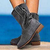 cheap Cowboy &amp; Western Boots-Women&#039;s Beige Suede Western Boots with Fringe and Studded Details – Casual Cowgirl Style for Outdoor and Festival Wear