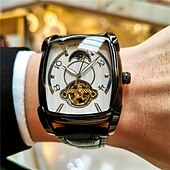 halpa Mekaaniset kellot-Miehet Mekaaninen kello Luova Muoti Liiketoiminta Rannekello Automaattinen itsevetävä Kuun vaiheen näyttö Loistava VEDENPITÄVÄ Nahka Katsella