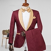 billiga Bröllopsdräkter-Herrarnas bröllopsbal kostymer svart champagne jacquard blommig skräddarsydd passform 2-delad enkelknäppt en-knapp