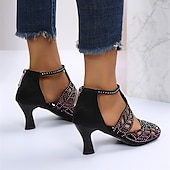 cheap Dress Sandals-Women&#039;s Black Rhinestone Strappy High Heel Sandals with Cut-Out Design for Dance and Evening Wear