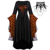 abordables Conjuntos-Conjuntos con vestido medieval con mangas acampanadas de encaje tatuaje gargantilla collar 2 piezas retro vintage punk estilo gótico brujas trajes mujer cosplay disfraz carnaval fiesta casual diario