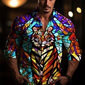 Men's Colorful Color Block Tiger Shirt Long Sleeve Artistic Abstract Daily Wear Going out Fall & Winter Turndown Print Button-Down Yellow Blue4