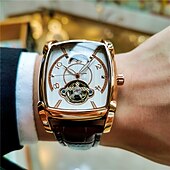 halpa Mekaaniset kellot-Miehet Mekaaninen kello Luova Muoti Liiketoiminta Rannekello Automaattinen itsevetävä Kuun vaiheen näyttö Loistava VEDENPITÄVÄ Nahka Katsella