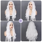 abordables Perruques Synthétiques Sans Bonnet-cheveux fantaisie longs perruques blanches pour femmes blanc longue perruque ondulée bouclée partie centrale perruque synthétique perruque blanche pour le cosplay quotidien d&#039;Halloween 24 pouces