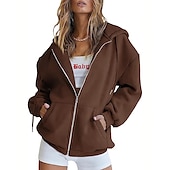 baratos jaqueta com capuz-Moletom Moletom com zíper Pullover Tecido Bolso frontal Para Mulheres Adulto Não Imprimindo Rua Casual / Diário